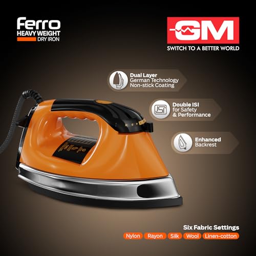 GM Ferro 1200W Heavyweight Dry Iron Press 1.75 Kg | Dual Layer German Non-Stick Coating with 2 Yrs Warranty | Shock Proof Iron Box for Clothes with 1.8M Cord Length | Enhanced Back Rest for Safety - Image 3
