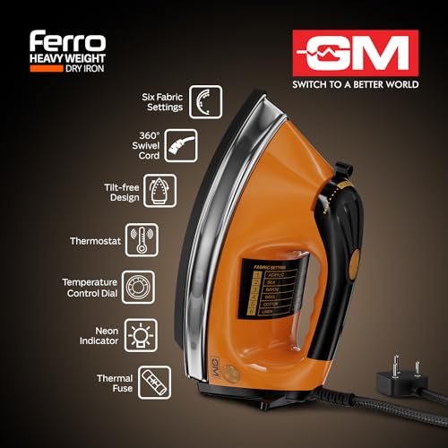 GM Ferro 1200W Heavyweight Dry Iron Press 1.75 Kg | Dual Layer German Non-Stick Coating with 2 Yrs Warranty | Shock Proof Iron Box for Clothes with 1.8M Cord Length | Enhanced Back Rest for Safety - Image 4