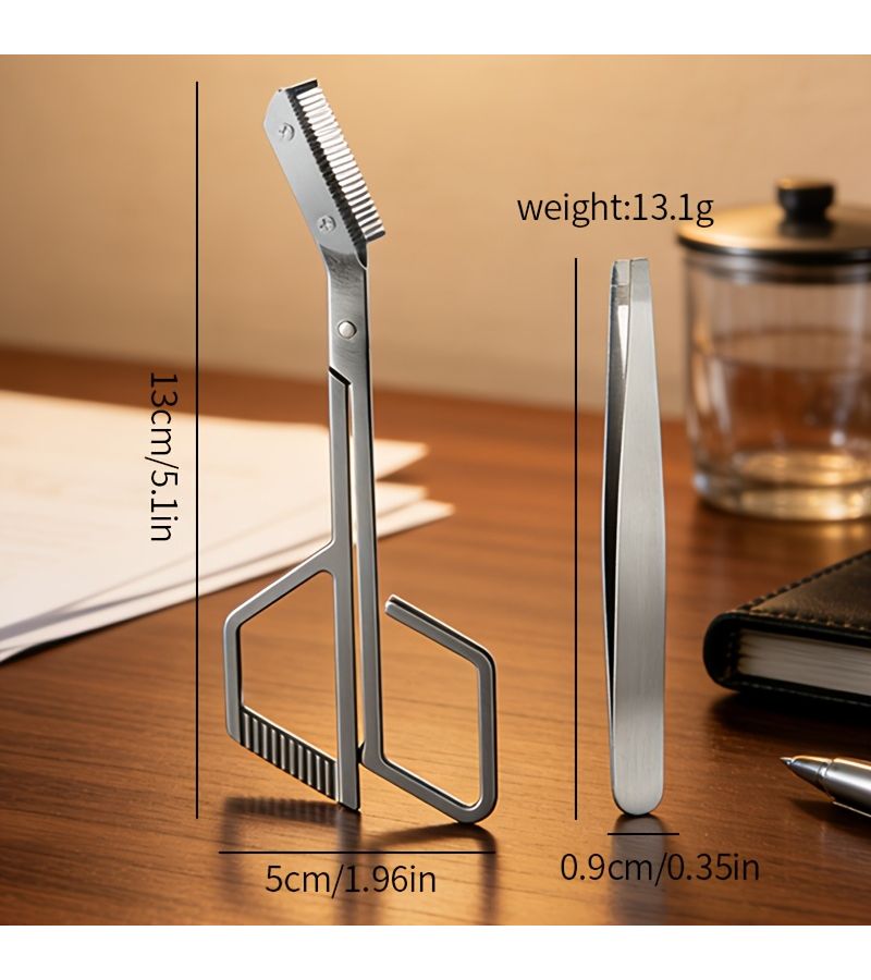 Silvery Eyebrow Scissors and Flat Tip Tweezers All in One Stainless Steel Eyebrow Grooming Kit Unisex Precise Trimming Without Snagging Eyebrow Sideburn Beard Scissors - Image 4