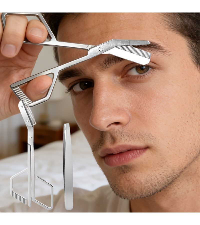 Silvery Eyebrow Scissors and Flat Tip Tweezers All in One Stainless Steel Eyebrow Grooming Kit Unisex Precise Trimming Without Snagging Eyebrow Sideburn Beard Scissors - Image 1