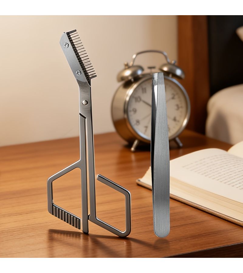 Silvery Eyebrow Scissors and Flat Tip Tweezers All in One Stainless Steel Eyebrow Grooming Kit Unisex Precise Trimming Without Snagging Eyebrow Sideburn Beard Scissors - Image 2