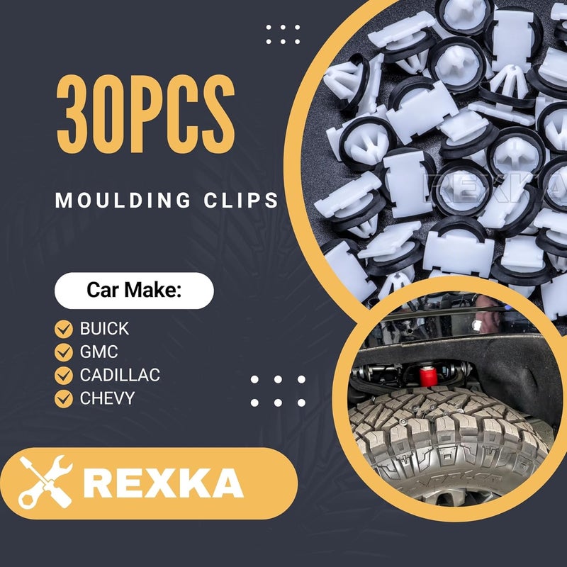 Rexka ريكسكا 30 قطعة من مشابك قالب لوحة الصخور لحواف الرفارف (11547581) لسيارات GM شيفروليه بويك كاديلاك GMC CT6 XT5 XTS كروز إكوينوكس إمبالا سيلفرادو ترافيرس أكاديا تيرين كانيون سييرا - مشابك حواف العجلات - Image 2