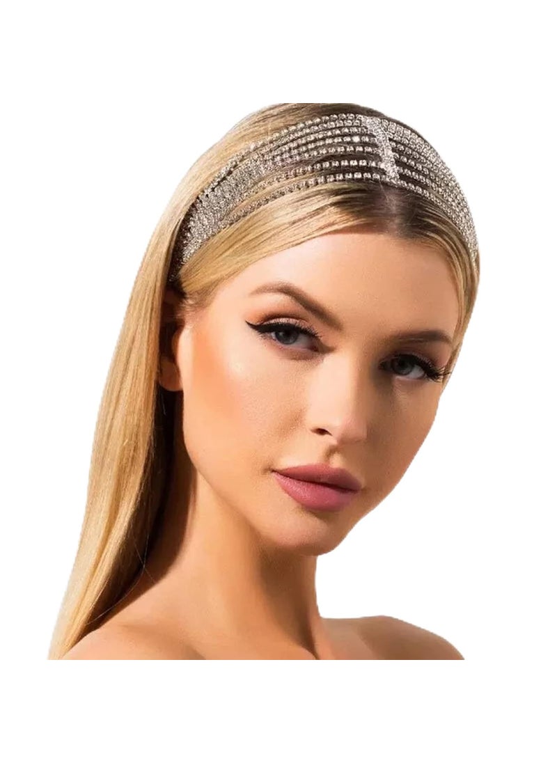 NICENEEDED - NICENEEDED Silver Rhinestone Head Chain Multi Layered Elastic Crystal Headband for Women Forehead Bridal Headpiece Prom Hair Jewelry for Women and Girls - Image 1