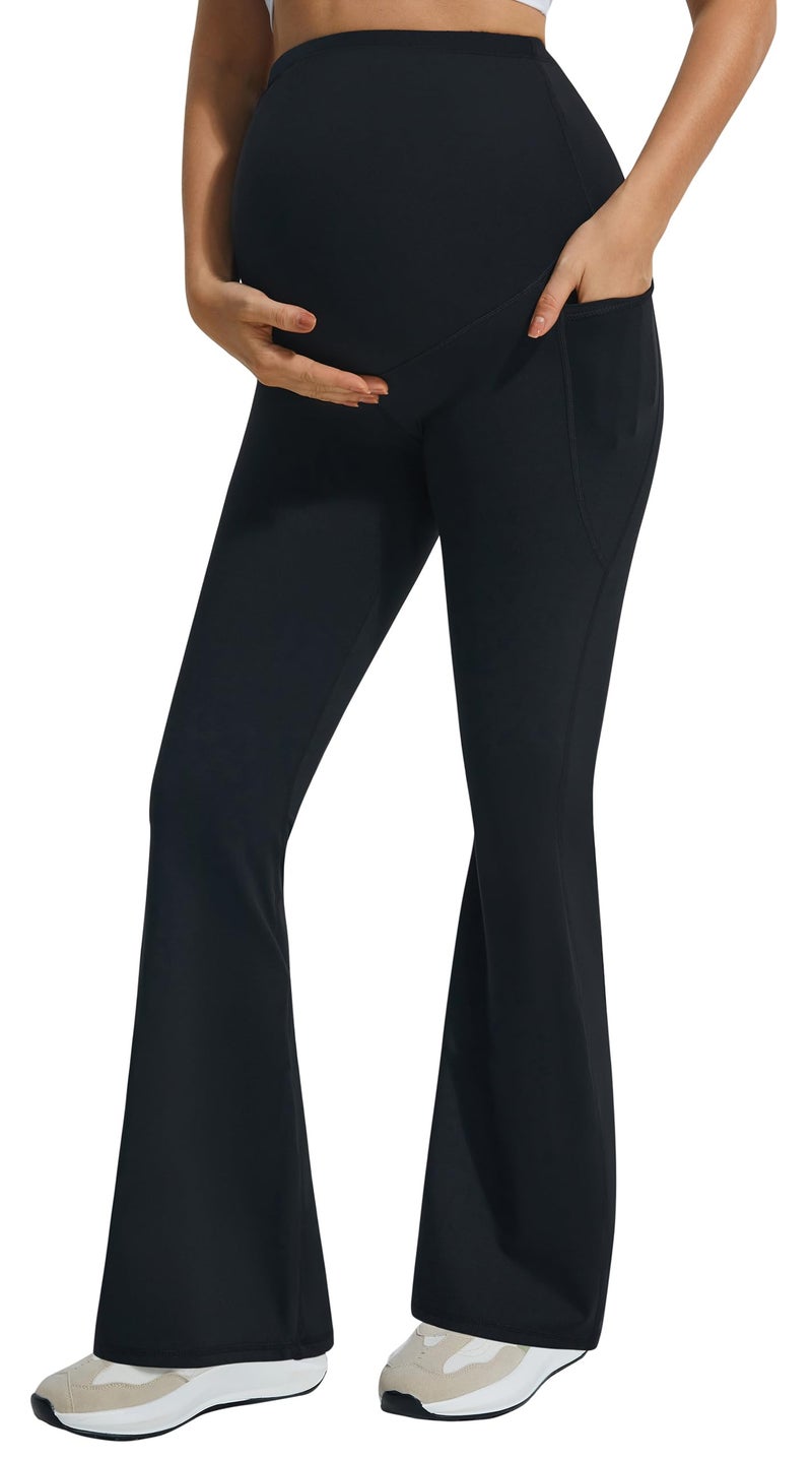 JOYSPELS Smooth Feeling Flare Maternity Leggings Over The Belly with Pockets Soft Bootcut Pregnancy Yoga Pants Black - Image 1
