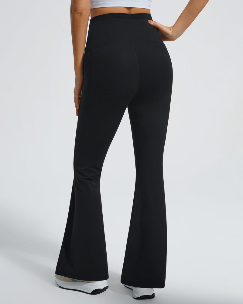 JOYSPELS Smooth Feeling Flare Maternity Leggings Over The Belly with Pockets Soft Bootcut Pregnancy Yoga Pants Black - Image 3