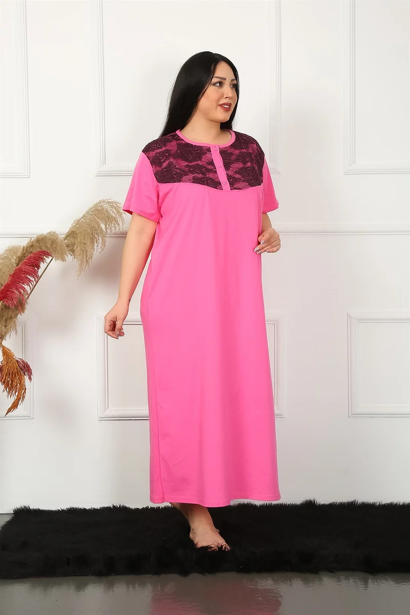 Akbeniz Big Lace Short Sleeve Fuchsia Mother Nightgown 1348
