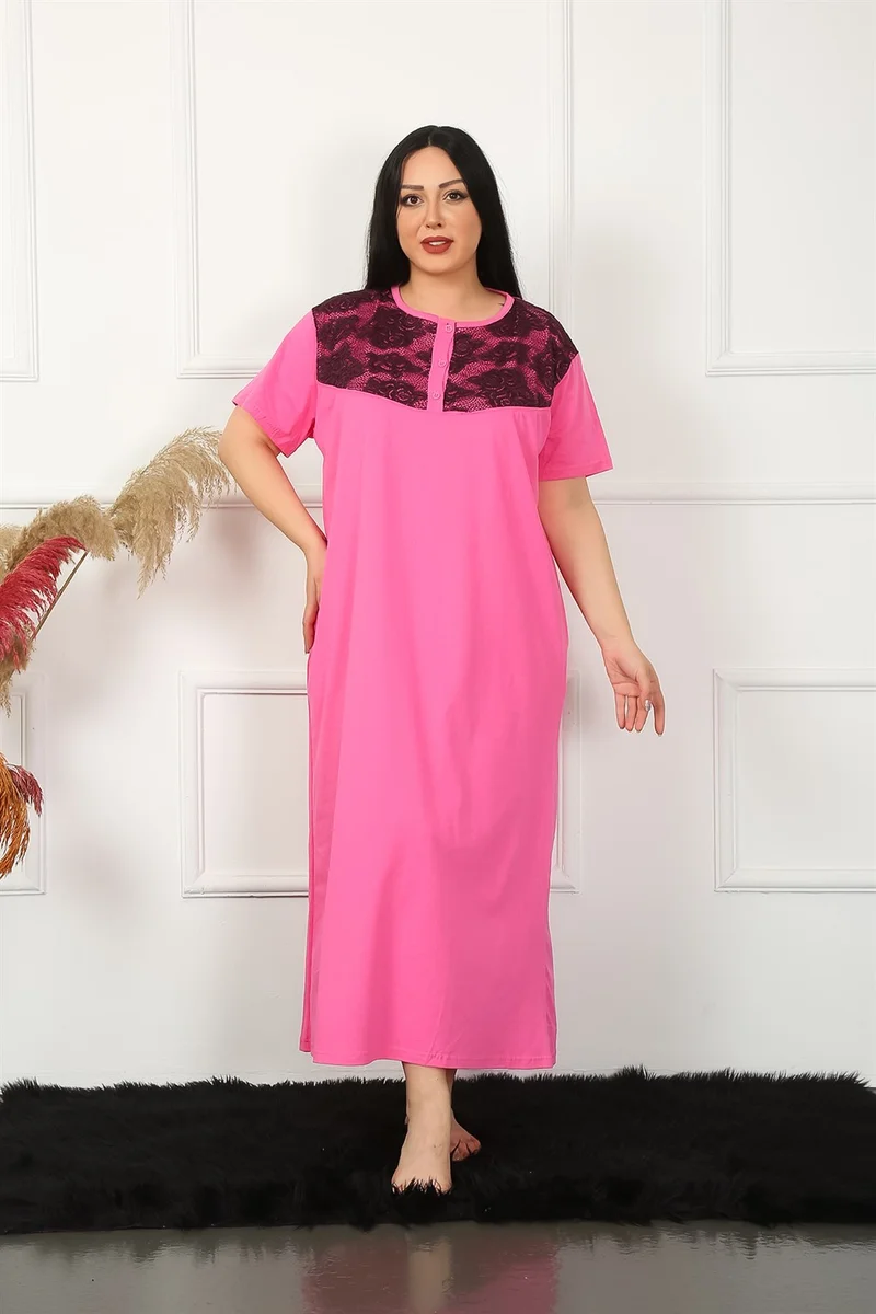 Akbeniz Big Lace Short Sleeve Fuchsia Mother Nightgown 1348
