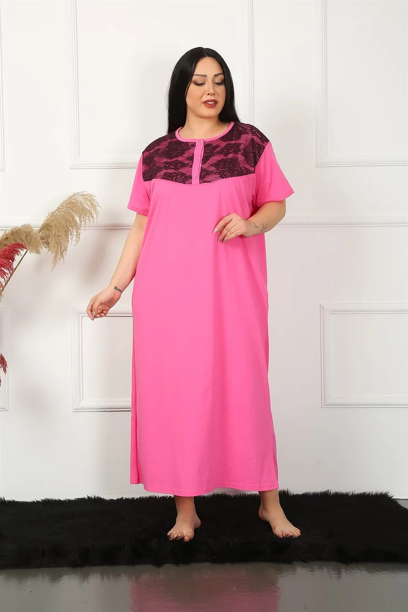 Akbeniz Big Lace Short Sleeve Fuchsia Mother Nightgown 1348