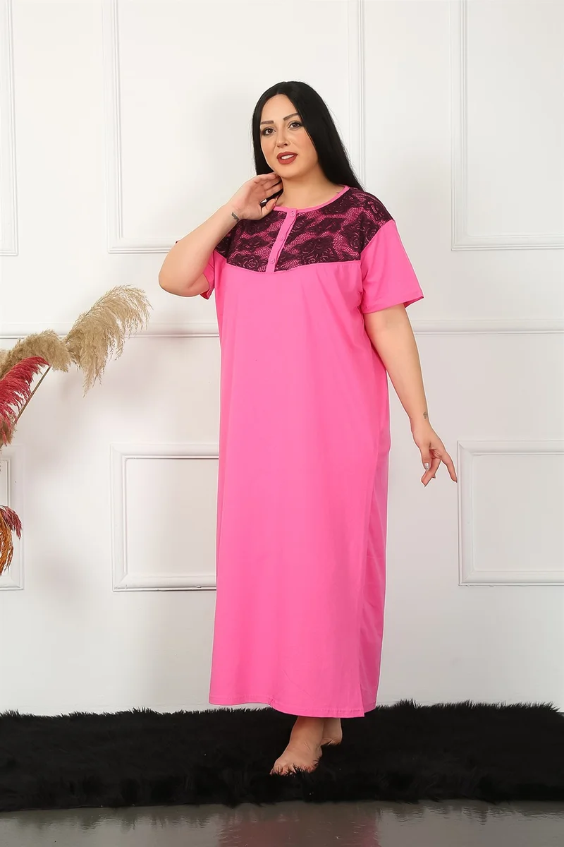 Akbeniz Big Lace Short Sleeve Fuchsia Mother Nightgown 1348