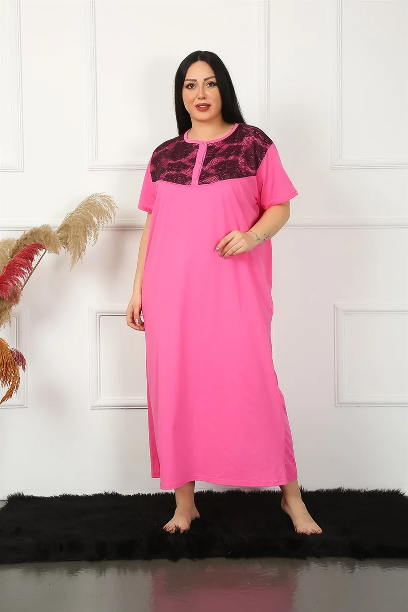 Akbeniz Big Lace Short Sleeve Fuchsia Mother Nightgown 1348