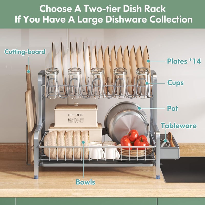 BOOSINY 2 Tier Dish Drying Rack, Dish Drainer with Drip Tray, Stainless Steel Dish Rack with Utensil Holder, Cutting Board Holder and Cup Rack, Draining Rack for Kitchen Counter, Grey - Image 2