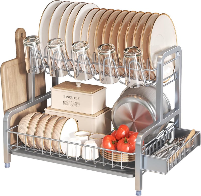 BOOSINY 2 Tier Dish Drying Rack, Dish Drainer with Drip Tray, Stainless Steel Dish Rack with Utensil Holder, Cutting Board Holder and Cup Rack, Draining Rack for Kitchen Counter, Grey - Image 1