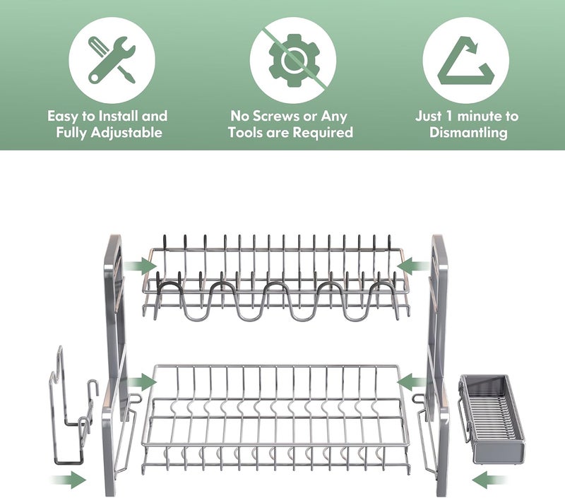 BOOSINY 2 Tier Dish Drying Rack, Dish Drainer with Drip Tray, Stainless Steel Dish Rack with Utensil Holder, Cutting Board Holder and Cup Rack, Draining Rack for Kitchen Counter, Grey - Image 5