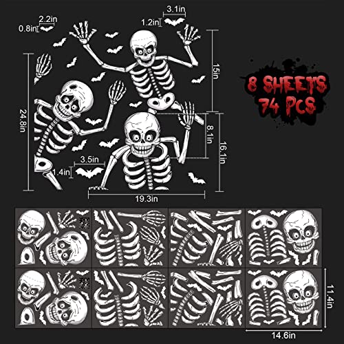 CESOF 74pcs Giant Halloween Window Clings Decorations, 8 Sheets 6 Skeleton Window Stickers, Scary White Skull Window Silhouettes Decal for Indoor Bathroom Glass Door Decor Home Haunted House Party Supplies - Image 3