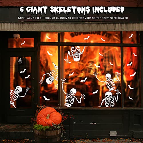 CESOF 74pcs Giant Halloween Window Clings Decorations, 8 Sheets 6 Skeleton Window Stickers, Scary White Skull Window Silhouettes Decal for Indoor Bathroom Glass Door Decor Home Haunted House Party Supplies - Image 2