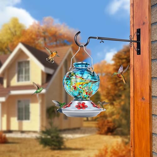 BOLITE Hummingbird Feeder, Hand Blown Glass Hummingbird Feeders for Outdoors Hanging, with Ant Moat and 5 Feeding Ports, 22 Ounces, Peony Flower Shape, Blue, Gifts for Women Men, Gifts for Mom Dad - Image 2
