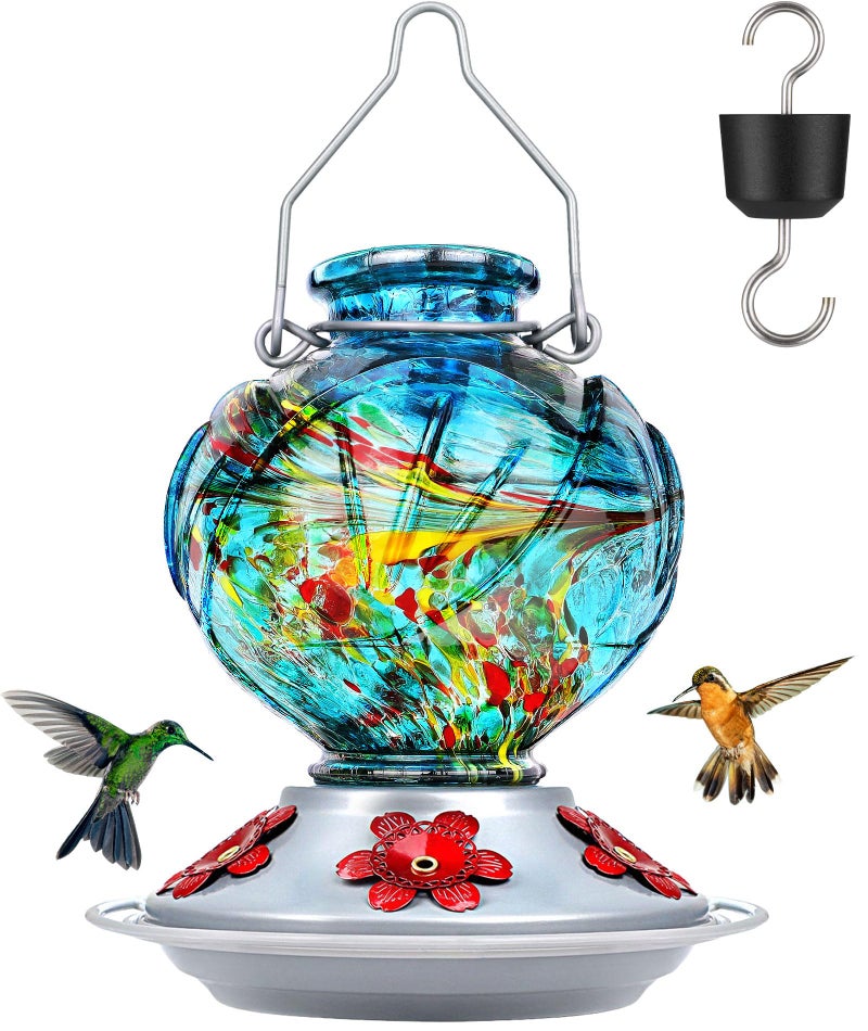 BOLITE Hummingbird Feeder, Hand Blown Glass Hummingbird Feeders for Outdoors Hanging, with Ant Moat and 5 Feeding Ports, 22 Ounces, Peony Flower Shape, Blue, Gifts for Women Men, Gifts for Mom Dad - Image 1