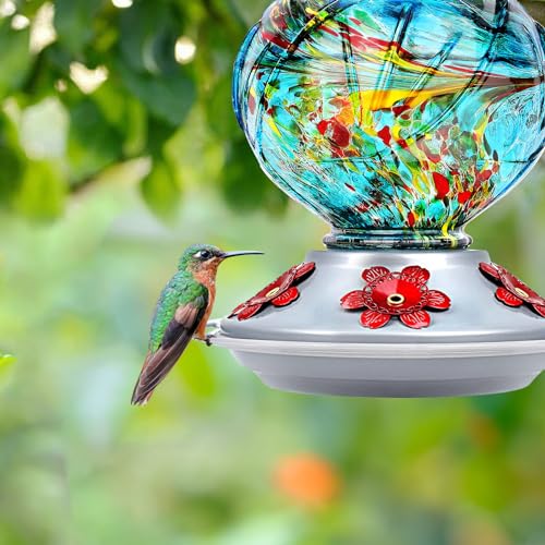 BOLITE Hummingbird Feeder, Hand Blown Glass Hummingbird Feeders for Outdoors Hanging, with Ant Moat and 5 Feeding Ports, 22 Ounces, Peony Flower Shape, Blue, Gifts for Women Men, Gifts for Mom Dad - Image 3