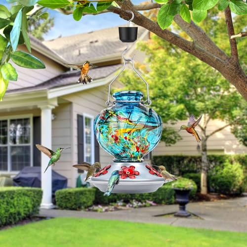 BOLITE Hummingbird Feeder, Hand Blown Glass Hummingbird Feeders for Outdoors Hanging, with Ant Moat and 5 Feeding Ports, 22 Ounces, Peony Flower Shape, Blue, Gifts for Women Men, Gifts for Mom Dad - Image 4