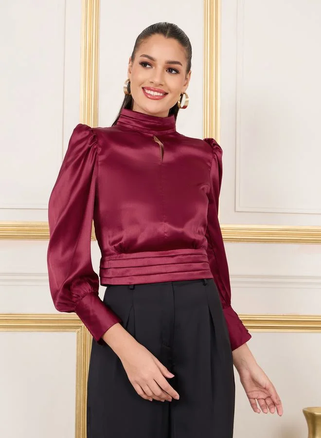 ستايلي Satin High Neck Keyhole Detail Pleat Waist Blouse