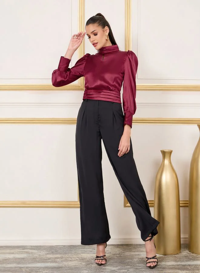 ستايلي Satin High Neck Keyhole Detail Pleat Waist Blouse