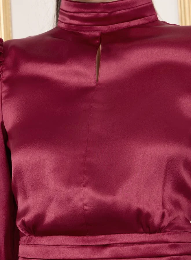 ستايلي Satin High Neck Keyhole Detail Pleat Waist Blouse