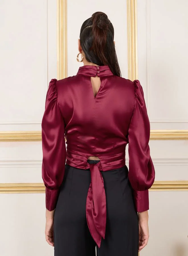 ستايلي Satin High Neck Keyhole Detail Pleat Waist Blouse