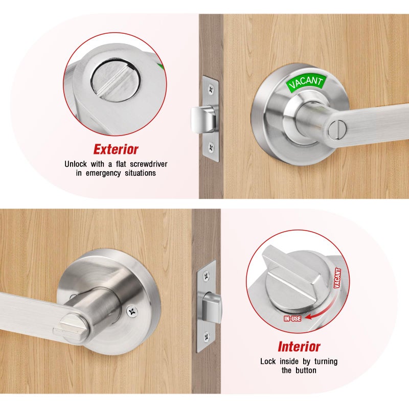 Aglehome Bathroom Indicator Privacy Door Lock, Vacant Occupied Lock, Large Vacant or In-Use Door Handle, ANSI Grade 2 Commercial Grade, Satin Chrome - Image 5