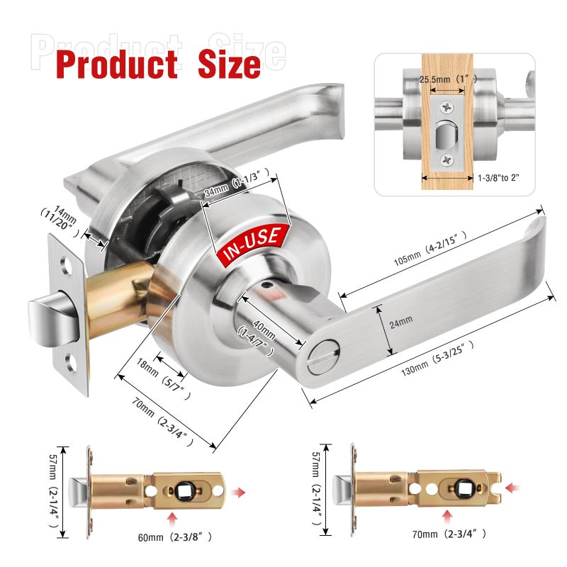Aglehome Bathroom Indicator Privacy Door Lock, Vacant Occupied Lock, Large Vacant or In-Use Door Handle, ANSI Grade 2 Commercial Grade, Satin Chrome - Image 4