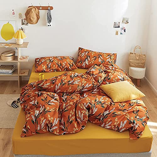 Wellboo Boho Floral Comforter Sets Queen Size Pumpkin Botanical Bedding Comforters Cotton Women Girls Jacinth Floral Bed Quilts Aesthetic Reddish Orange Blanket Luxurious Blossom Bohemian Bed Rustic