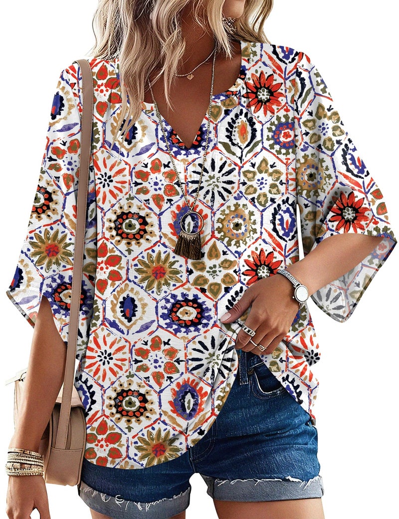 LOMON Women Blouses Dressy Casual Plus Size 3/4 Length Sleeve Spring Tops V Neck Bohemian Peasant Beach Cruise Outfit 2026 - Image 1