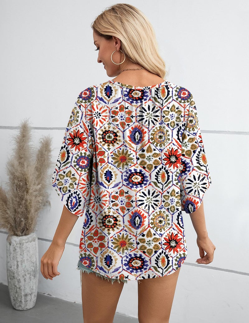LOMON Women Blouses Dressy Casual Plus Size 3/4 Length Sleeve Spring Tops V Neck Bohemian Peasant Beach Cruise Outfit 2026 - Image 5
