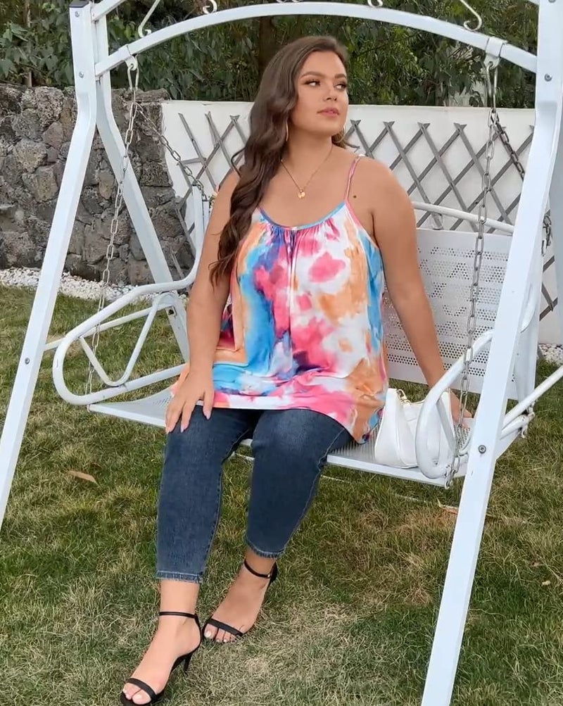 JOELLYUS Plus Size Tank Tops for Women Boho Floral Loose Cami Spaghetti Strap Tunic Blousesï¼ˆTie Dye Redï¼Œ3Xï¼‰ - Image 4