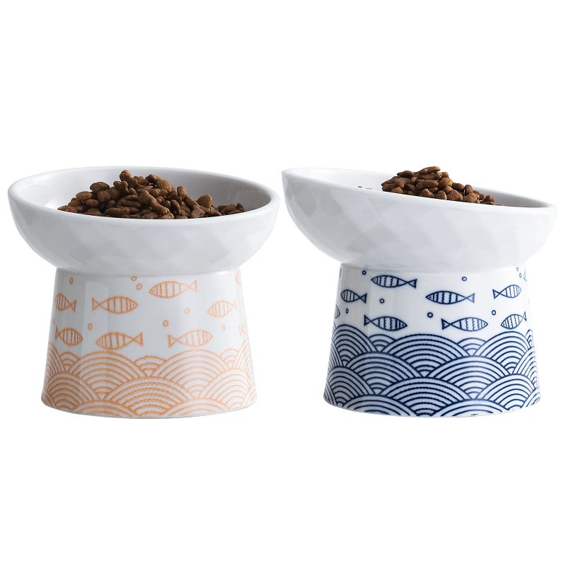 OMAYKEY Ceramic Raised Cat Bowls Elevated Tilted Cat Food and Water Bowls Set Porcelain Stress Free Pet Feeder Dish for Cats and Small Dogs Dishwasher and Microwave Safe Set of 2