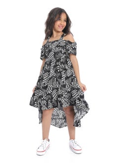 Andora Off-Shoulders Self Pattern Girls Dress_White & Black  - Image 1