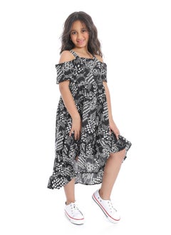 Andora Off-Shoulders Self Pattern Girls Dress_White & Black  - Image 3