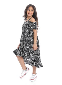 Andora Off-Shoulders Self Pattern Girls Dress_White & Black  - Image 2