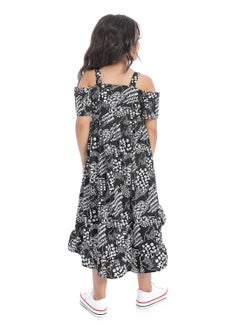 Andora Off-Shoulders Self Pattern Girls Dress_White & Black  - Image 4