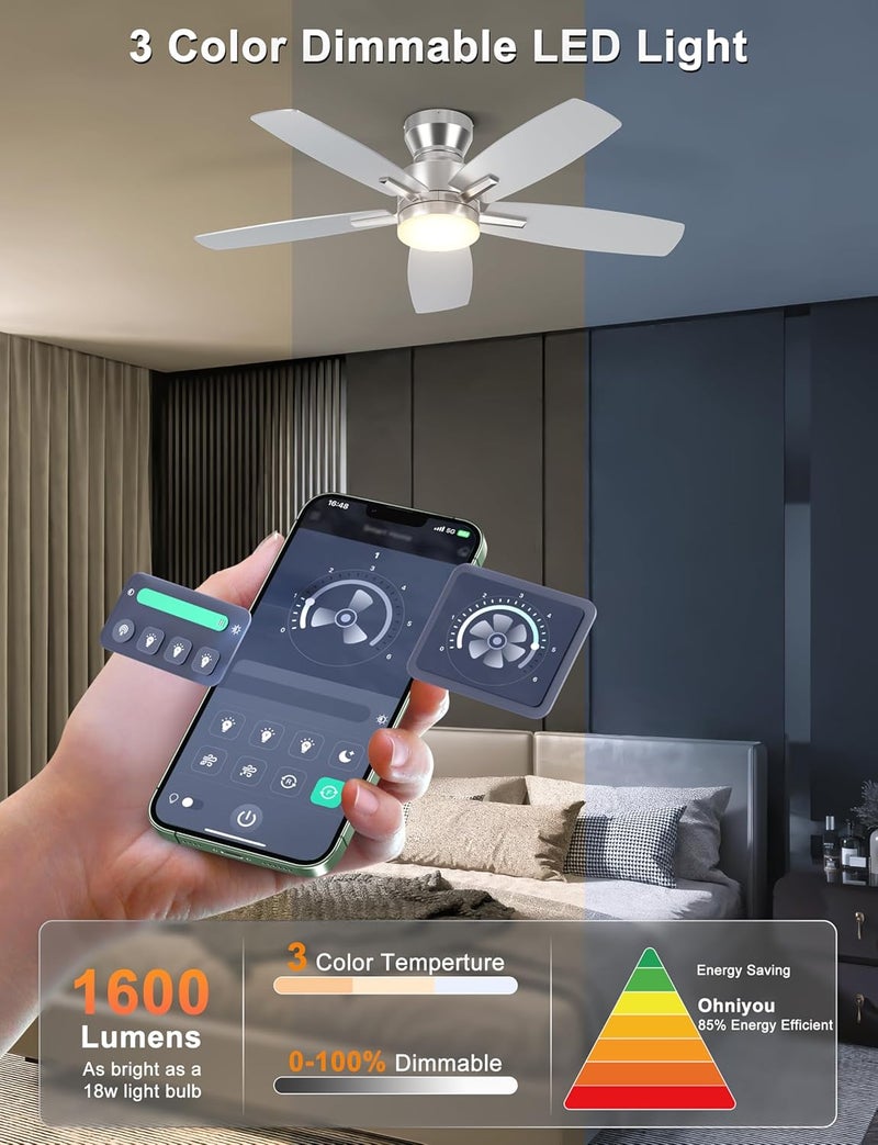 Ohniyou Ceiling Fans with Lights, 42'' Low Profile Ceiling Fan with Light and Remote/APP Control, Modern Flush Mount Ceiling Fan for Indoor Bedroom Kitchen, Dimmable, Qiuet DC Motor,Sliver - Image 4