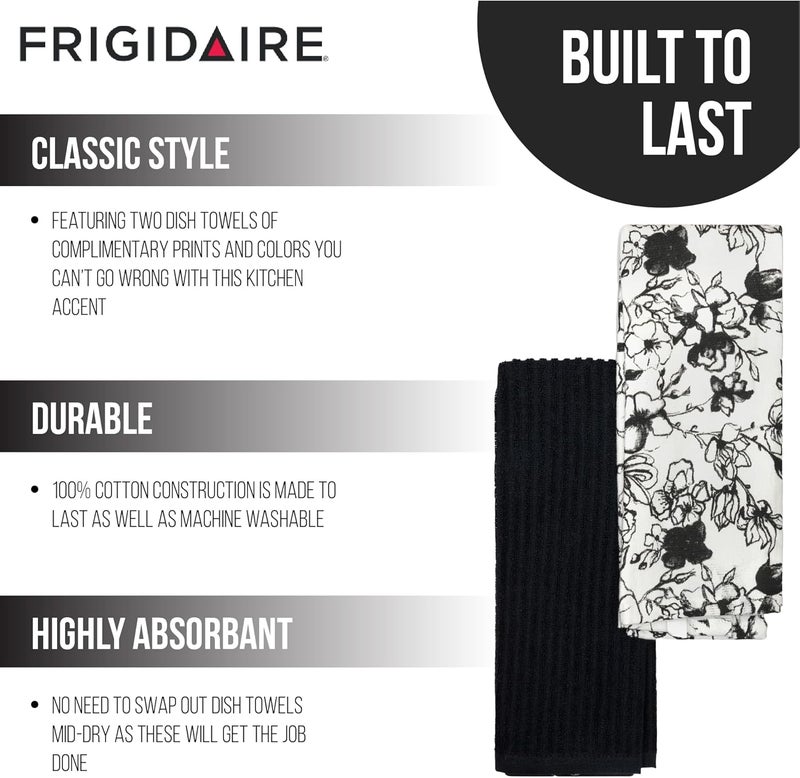 FRIGIDAIRE Blyth 2-Piece Cotton Kitchen Towel Set-Black and Flower Print - Image 3