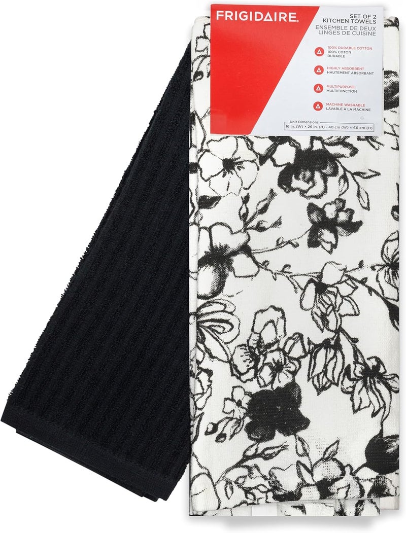 FRIGIDAIRE Blyth 2-Piece Cotton Kitchen Towel Set-Black and Flower Print - Image 2