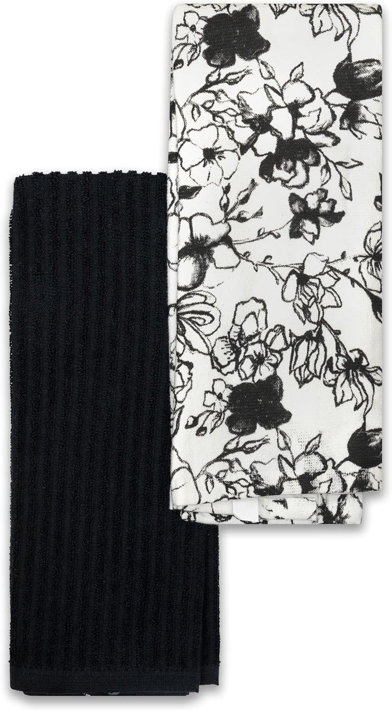 FRIGIDAIRE Blyth 2-Piece Cotton Kitchen Towel Set-Black and Flower Print - Image 1