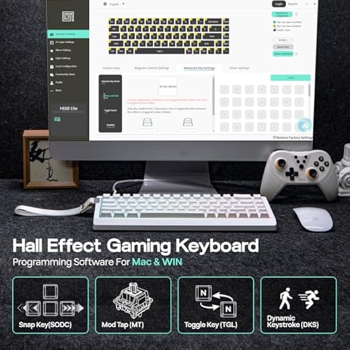 rayihni HE68 LITE HALL EFFECT GAMING KEYBOARD, 8K POLLING & 128K SCAN RATE, 0.005MM ADJUSTABLE TRIGGER, 0.125MS LATENCY, 5-LAYER SOUND-DAMPENED, SNAP KEY, SOCD, A-RGB, WIRED, MAC SOFTWARE(WHITE) - Image 3