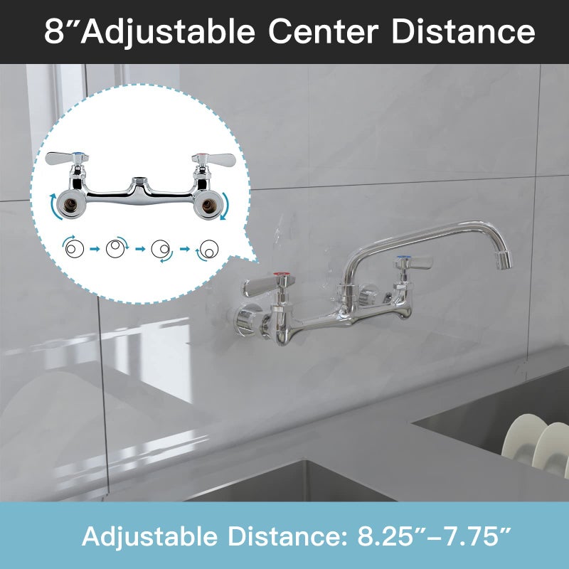 BWE Kitchen Faucet Wall Mount Commercial Sink Faucet Kitchen Utility Laundry 8 Swivel Spout 2 Dual Handle Restaurant Chrome Mixer Tap - Image 3