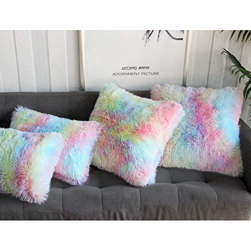 Uhomy 2 Packs Fluffy Accent Pillows Cover 18"x18", Soft Unicorn Colorful Faux Fur Throw Pillow Case, Modern Luxury Decorative Square Cushion Cover for Farmhouse Home Decor for Sofa/Bed/Chair, 45x45cm - Image 3
