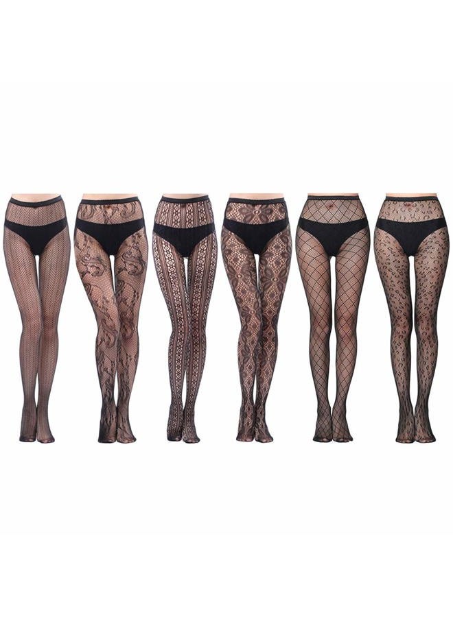 HOVEOX 6 Pairs Lace Patterned Tights Fishnet Floral Stockings Small Hole Pattern Leggings Tights Net Pantyhose, Black, One size - Image 1