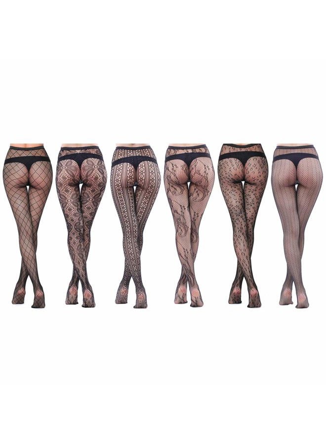 HOVEOX 6 Pairs Lace Patterned Tights Fishnet Floral Stockings Small Hole Pattern Leggings Tights Net Pantyhose, Black, One size - Image 2