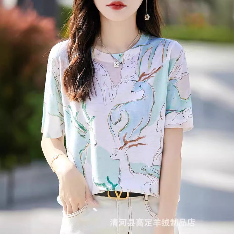 There Is Always A Suitable One-Summer Classic Joker Mulberry Silk Various Printed Pattern Round Neck Short Sleeve T-Shirt - Image 1