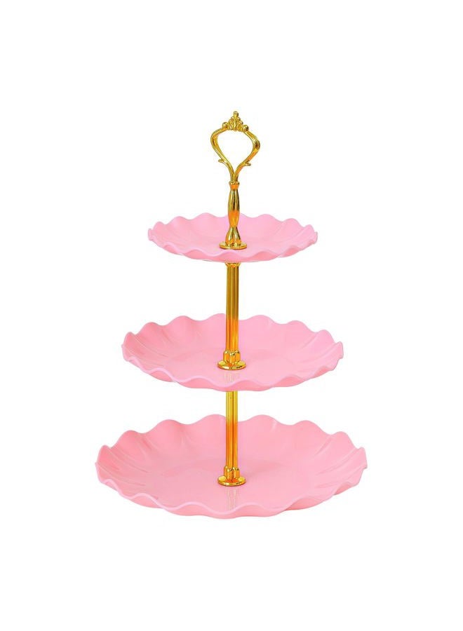 3-Tier Cupcake Stand, Wavy Plastic Tiered Serving Tray, Cup Cake Tower for Birthday Wedding Party Decoration, Cupcake Tier Stand Fruits Desserts Display (Pink)