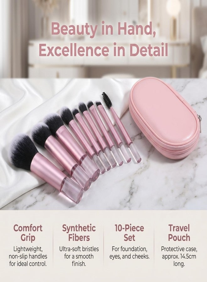 tokerut 10 Pcs Mini Travel Makeup Brush Set with Pouch, Pink Portable Cosmetic Brushes for Foundation, Powder, Blush, Eyeshadow, Eyebrow and Mascara, Small Makeup Brushes Travel Kit for Women and Girls - Image 4